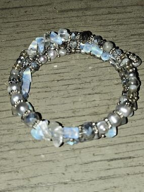 Opalescent Blue-White Beaded Coil Bracelet with Silver Accents